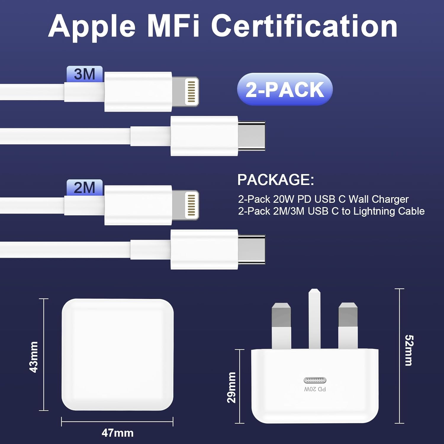 iPhone Fast Charger 20W UK Plug with Cable, 2-Pack Apple MFi Certified 3A Lightning Charger for iPhone & iPad - Image 2