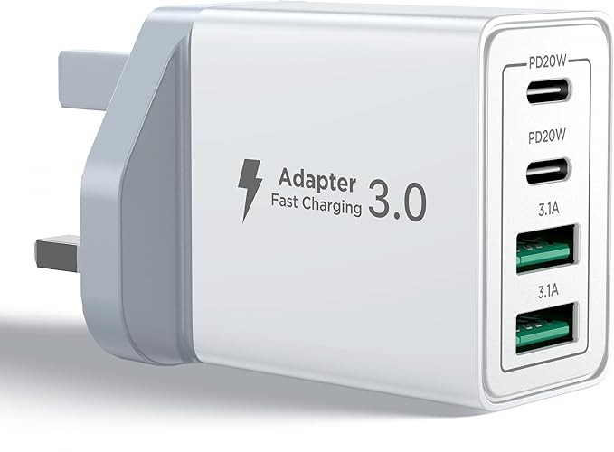 40W USB C Fast Charger Plug UK – 4-Port PD & QC Multi USB Wall Adapter for iPhone, Samsung, iPad & More