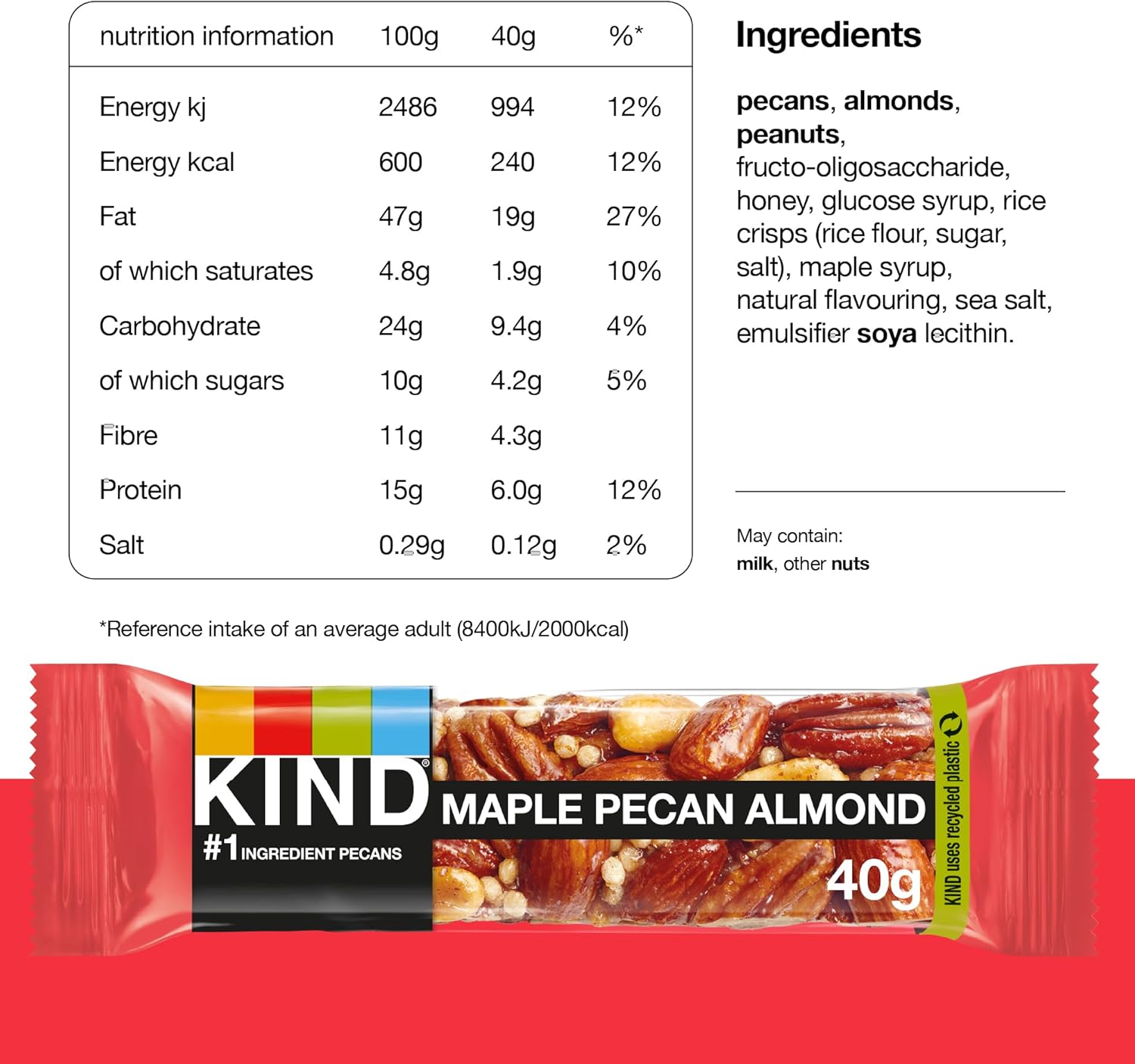 KIND Bars, Gluten Free Snack Bars, Maple Pecan Almond, High Fibre, Healthy Snack, No Artificial Colours, Flavours or Preservatives, Multipack 12 x 40g - Image 2